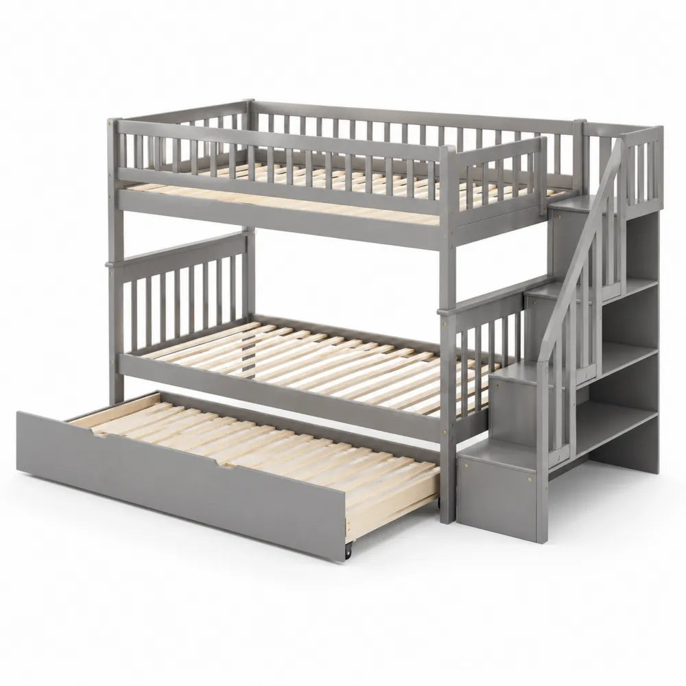 Litera triple de madera con almacenamiento