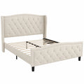 Cama de Tela Beige con Cabecero Acolchado y Patas de Madera