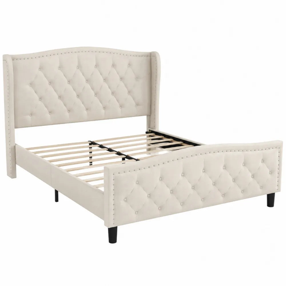 Cama de Tela Beige con Cabecero Acolchado y Patas de Madera