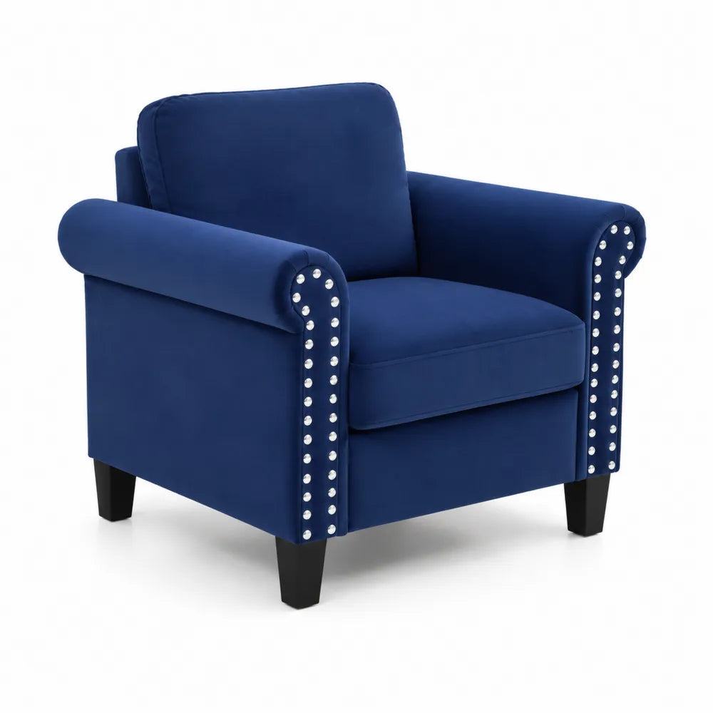 Sill¨®n de Terciopelo Azul con Tachuelas y Patas