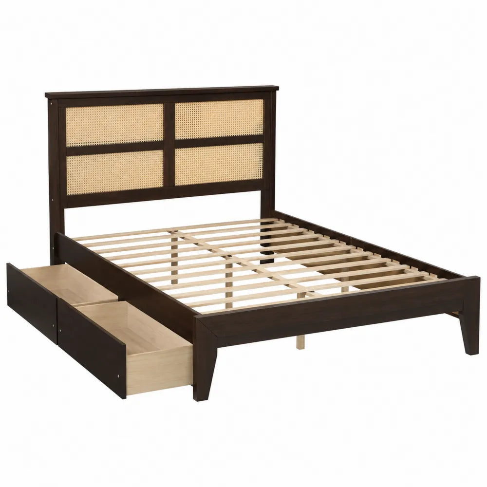 Cama de Madera con Cabecera de Ratt¨¢n y Cajones, Marr¨®n,