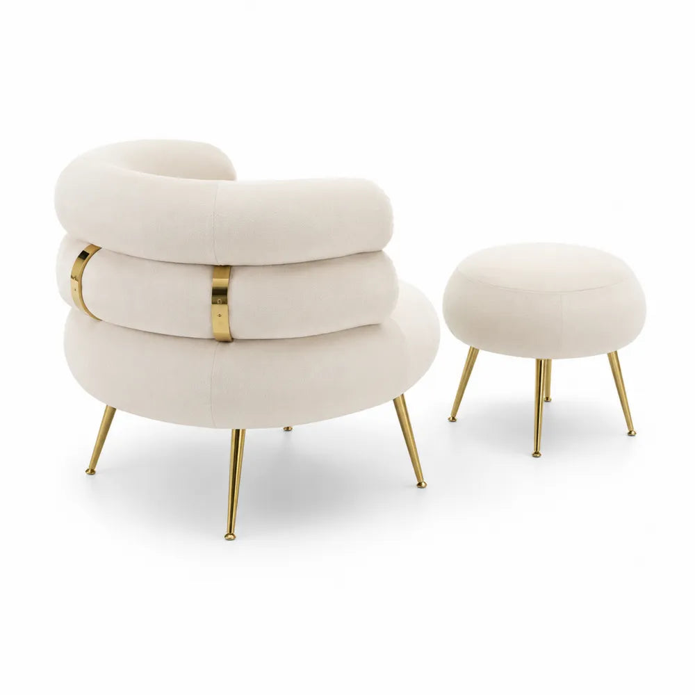 Sill¨®n circular de tela beige con reposapi¨¦s de me