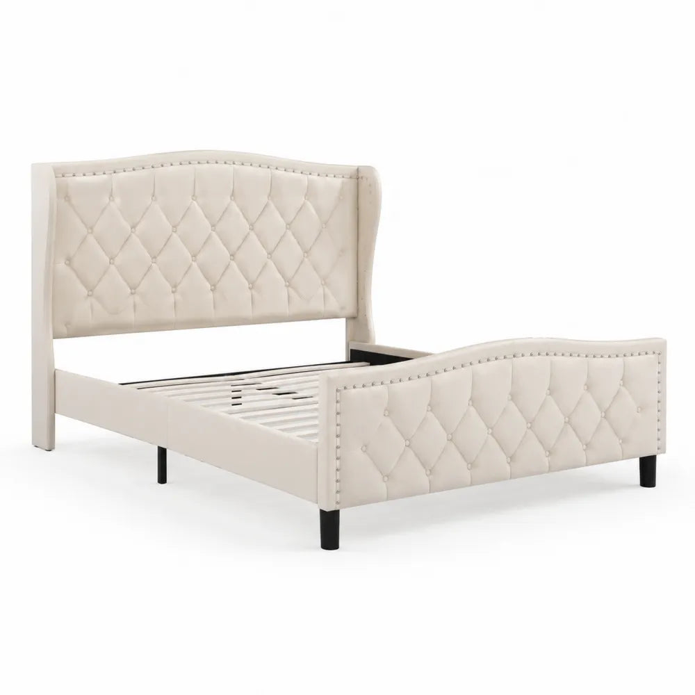 Cama Tapizada en PU Beige con Cabecero Capitoneado