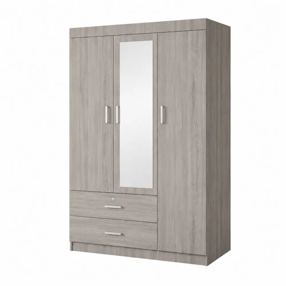 Armario de dormitorio con espejo, madera aglomerada de roble, 3 puertas y